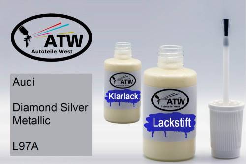 Audi, Diamond Silver Metallic, L97A: 20ml Lackstift + 20ml Klarlack - Set, von ATW Autoteile West.